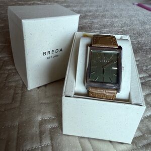 Breda Rectangular Watch with Brown Leather Strap